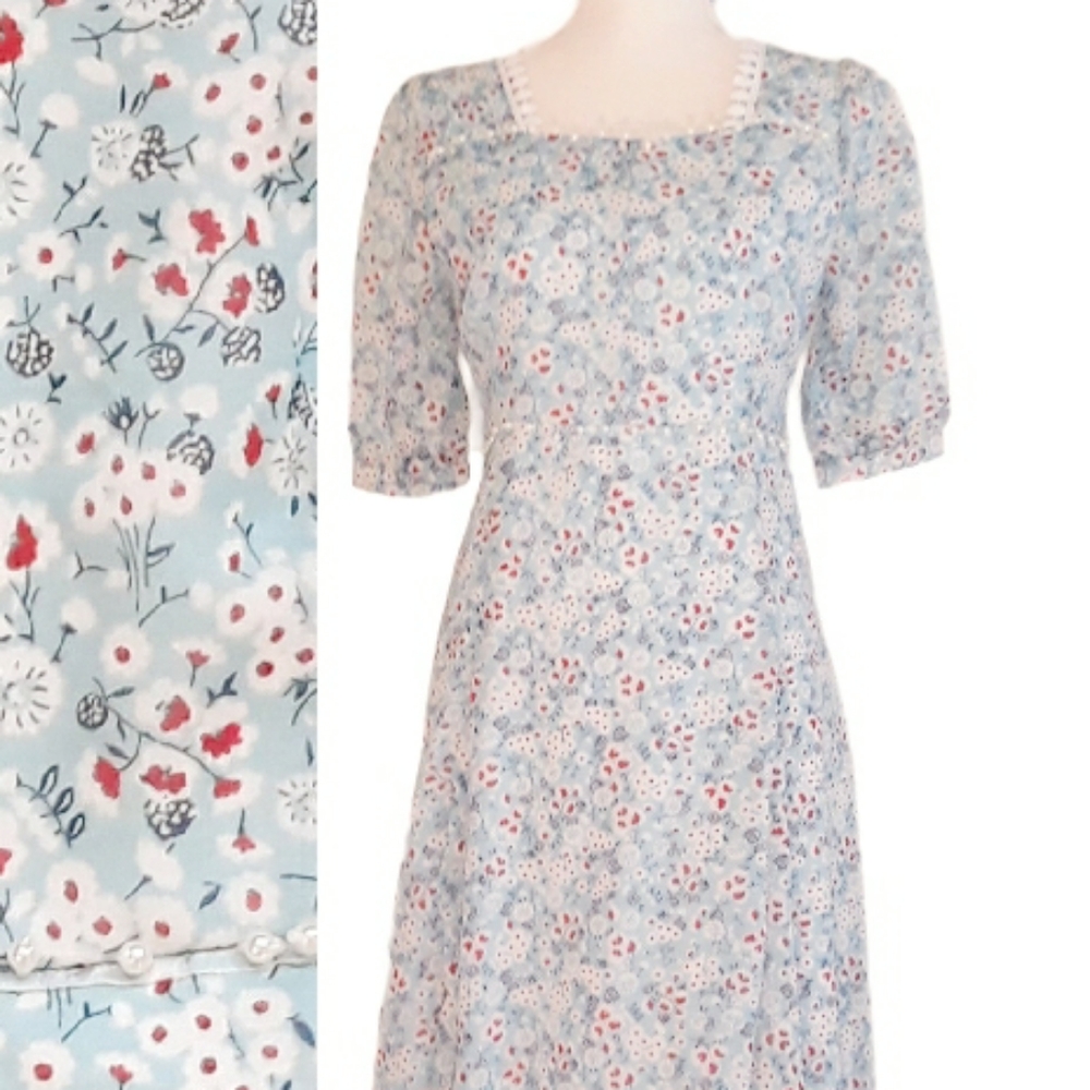 Vintage Blue Floral Print Liberty Dress Sz Small - Puff Sleeves Pearl Trim Dress